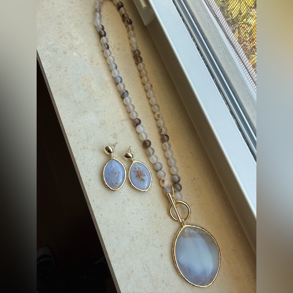 🆕 Rare 20” Gold Genuine Large Blue Agate Pendant Necklace Earrings Set